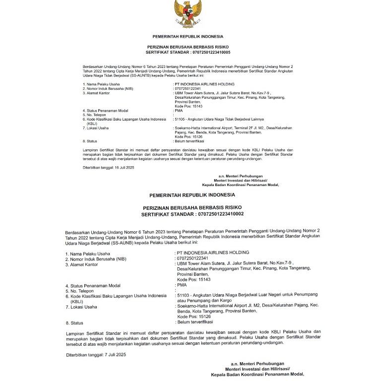 Indonesia Airlines Resmi Dapat Izin Terbang Nasional dan Internasional