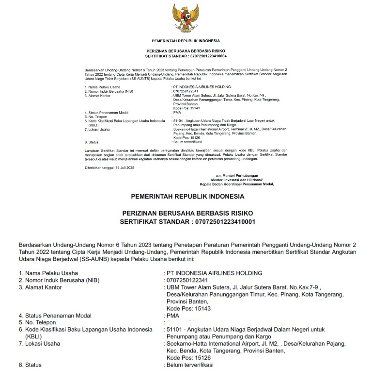 Indonesia Airlines Resmi Dapat Izin Terbang Nasional dan Internasional