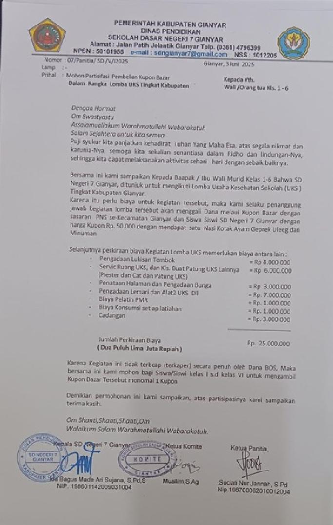 Berdalih Tidak Ada Dana Untuk Lomba UKS, SDN 7 Gianyar Diduga Lakukan Pungli